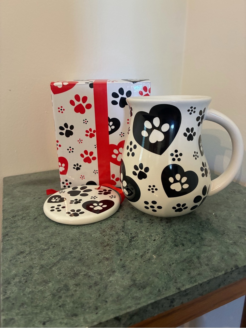 Temp-Tations Black and White Pawfetti Ceramic Mug with Coaster